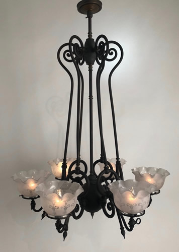 Pair 6-light Gas Chandelier Art Nouveau Shades.